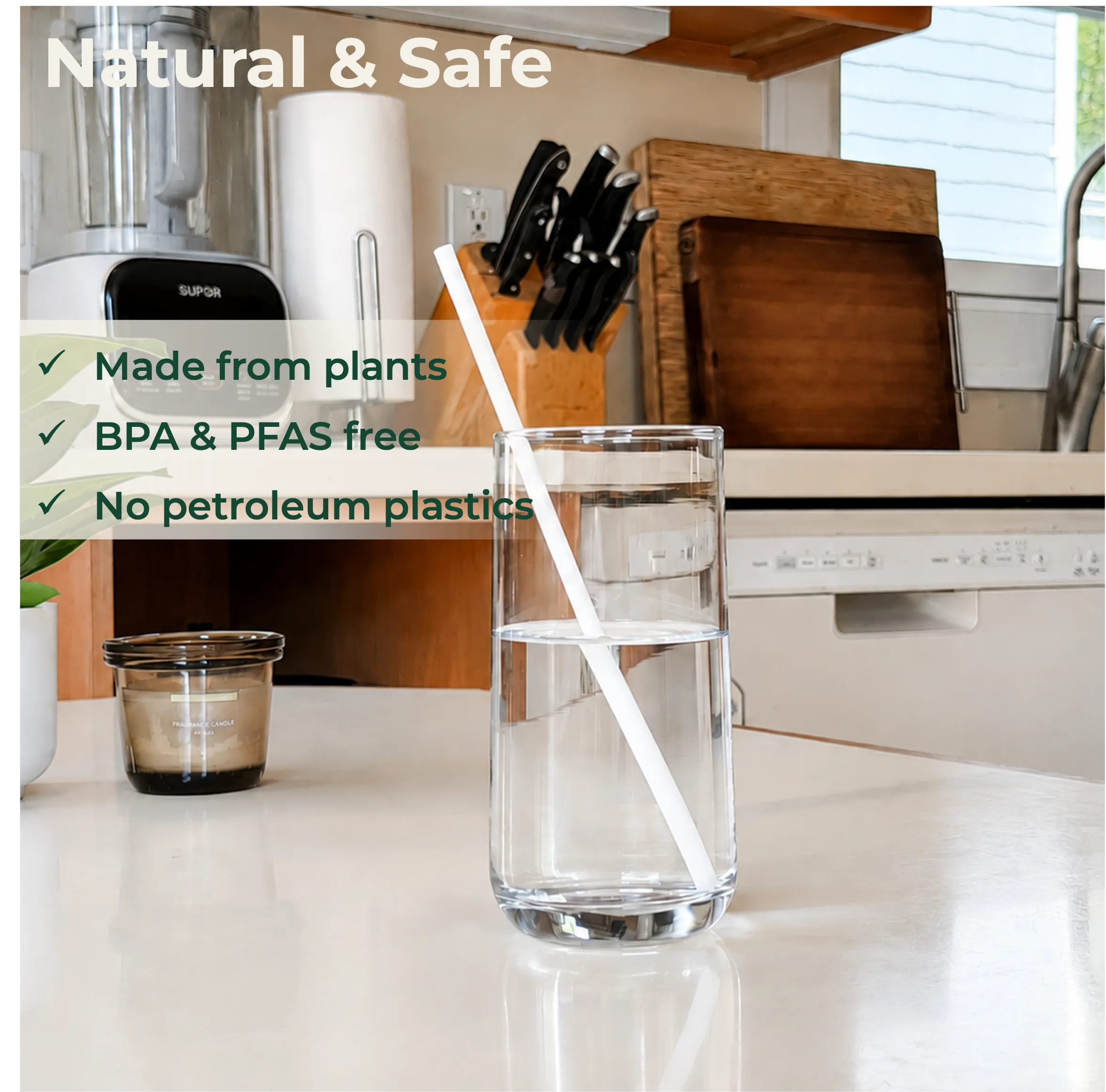 PureStalk 6mm Standard Drinking Straws - Plant-Based PHA - 0.24x8.3" (6x210mm) - In Use