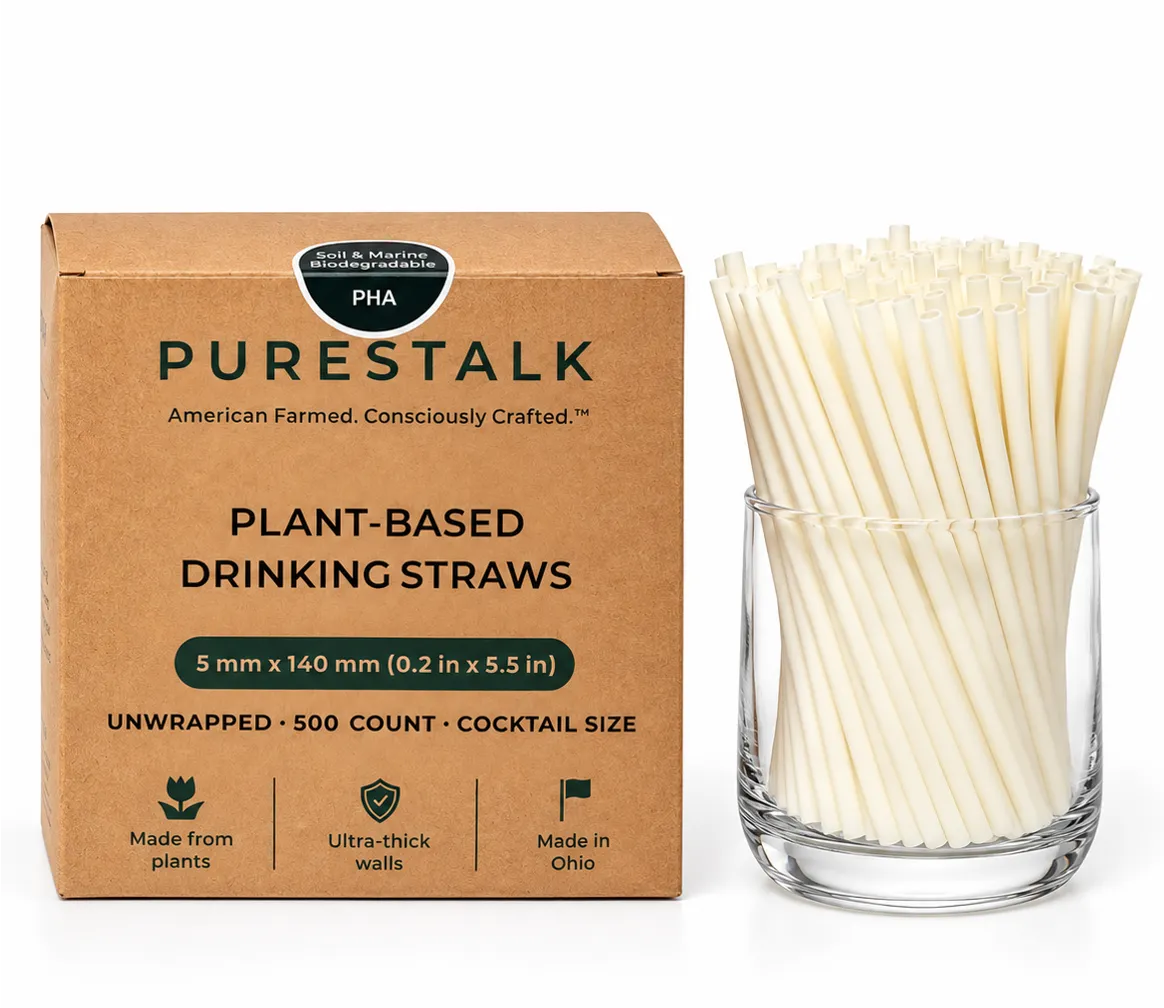 PureStalk 5mm Cocktail Drinking Straws - Plant-Based PHA - 0.20x5.5" (5x140mm) - Retail Box
