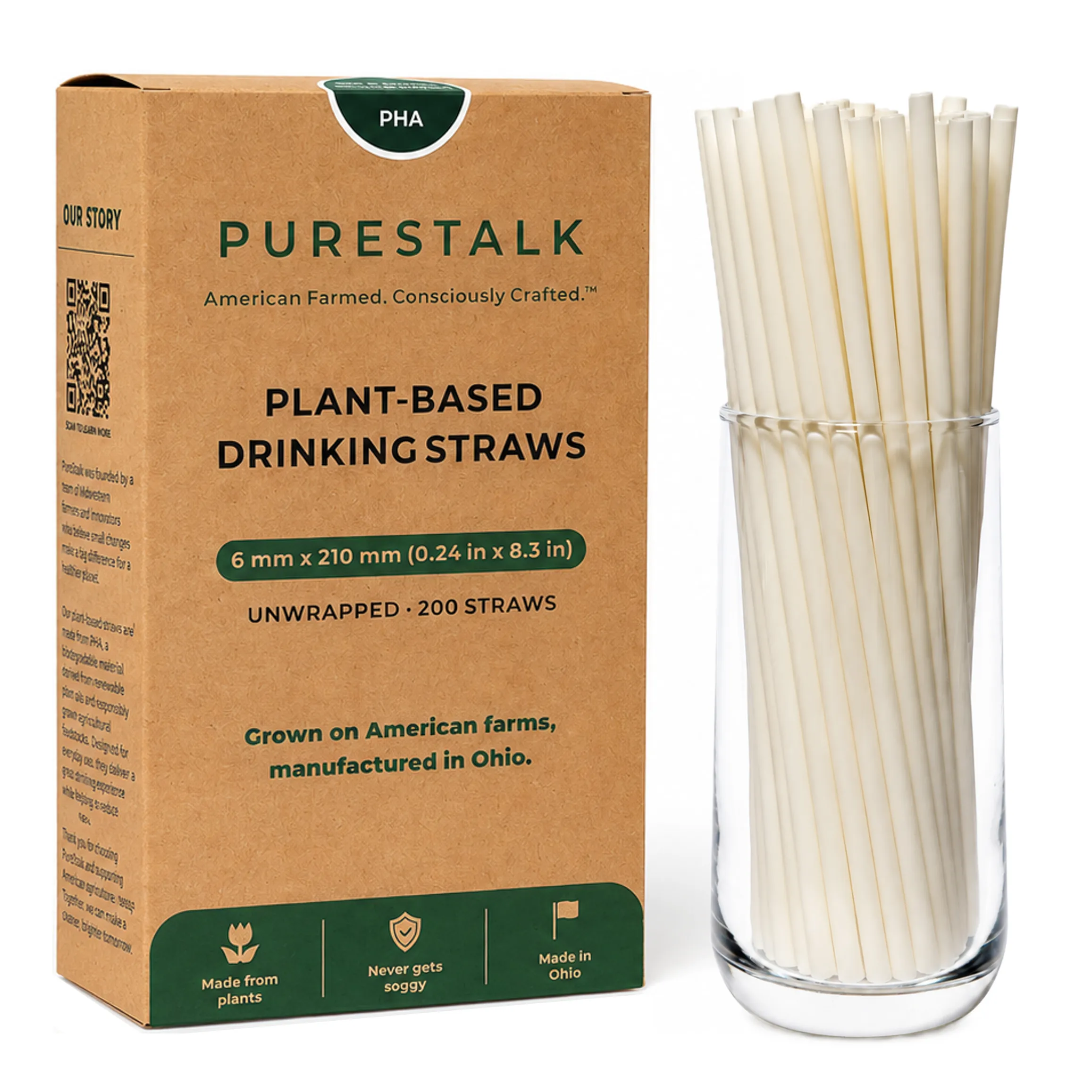 PureStalk 6mm Standard Drinking Straws - Plant-Based PHA - 0.24x8.3" (6x210mm) - Retail Box