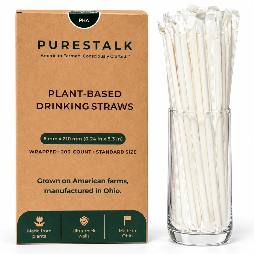 PureStalk 6mm Standard Drinking Straws - Plant-Based PHA - 0.24x8.3" (6x210mm) - Retail Box