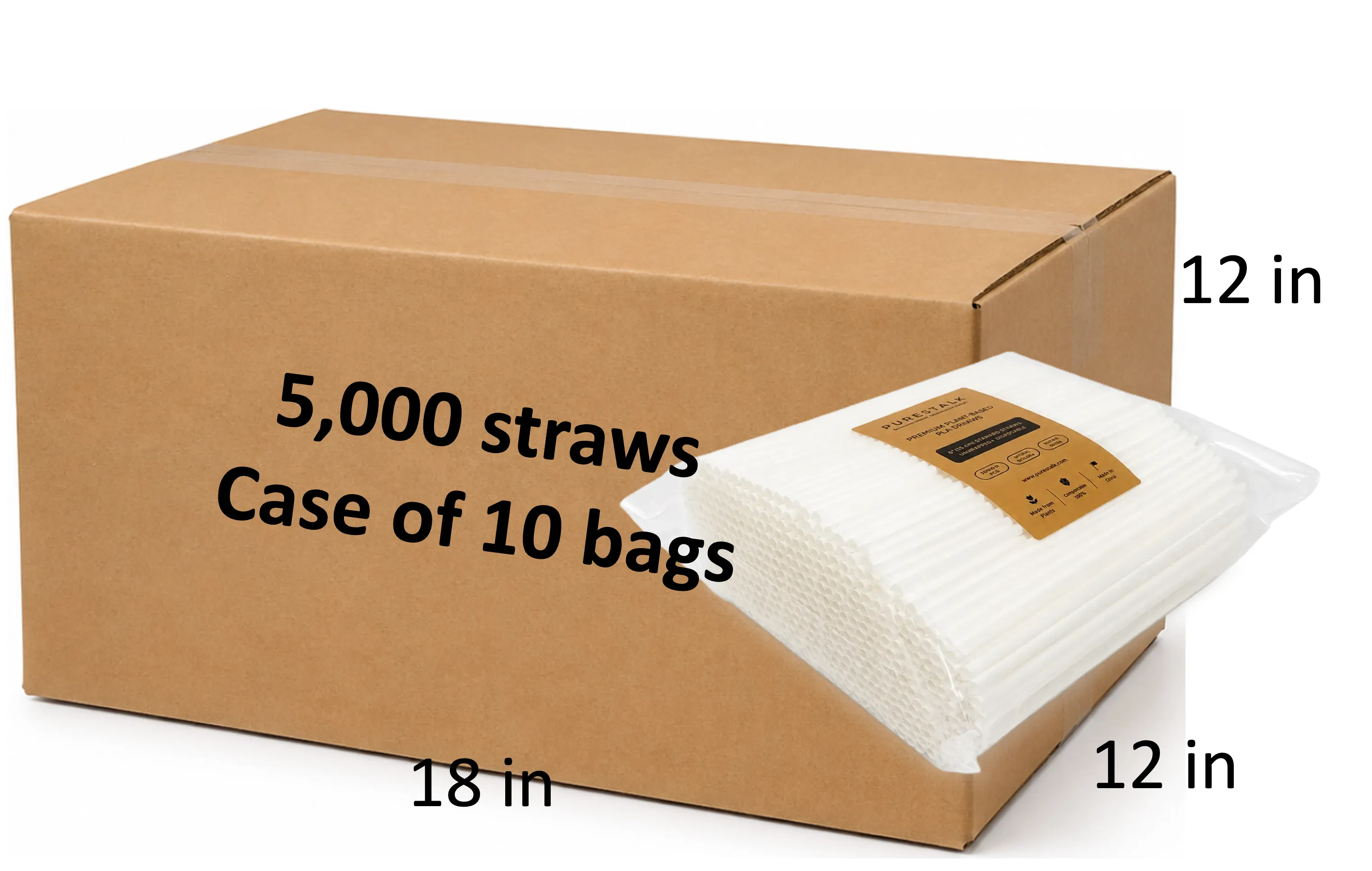 PureStalk 6mm Standard Drinking Straws - Plant-Based PLA - 0.24x8.3" (6x210mm) - Unwrapped Being Stored in a Case